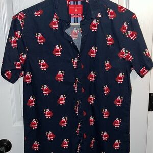 Denim & Flower Short Sleeve Navy Santa Print Shirt - very nice